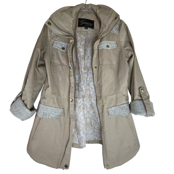 Guess Small Beige Trench Coat Tweed Trim Utilitarian Safari Jacket Casual Y2K - Picture 4 of 8